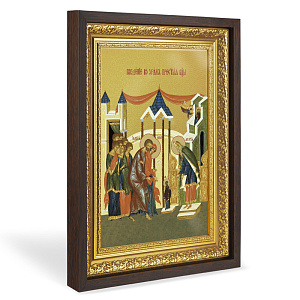 Икона Введения во храм Пресвятой Богородицы, в широком багете, цвет "темный дуб", на холсте, с золочением (33,5х42,2 см (под икону А4))