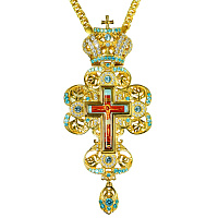 Крест наперсный из ювелирного сплава восьмиконечный с цепью, позолота, голубые камни, 6,5х15 см