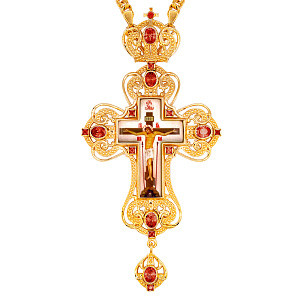Крест наперсный латунный в позолоте с цепью, фианиты, 7,5х15 см (красные фианиты)