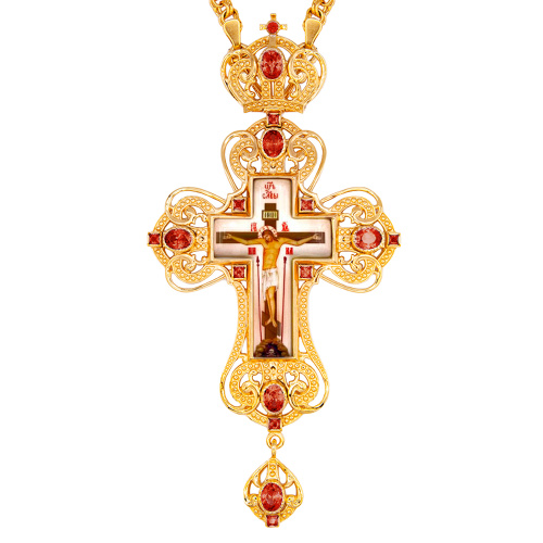 Крест наперсный латунный в позолоте с цепью, фианиты, 7,5х15 см фото 2