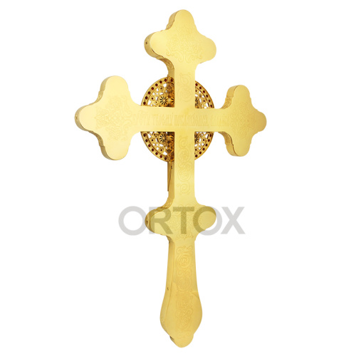 Крест напрестольный из ювелирного сплава в позолоте с фианитами, 23х36,5 см фото 2