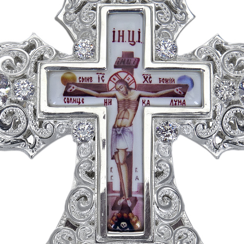 Крест наперсный из ювелирного сплава, серебрение, фианиты, высота 14 см фото 5