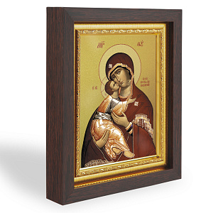 Икона Божией Матери "Владимирская", в узком багете, цвет "темный дуб", на холсте, с золочением (14,3х17,4 см (под икону А7))