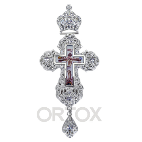 Крест наперсный из ювелирного сплава, серебрение, фианиты, высота 14 см фото 2
