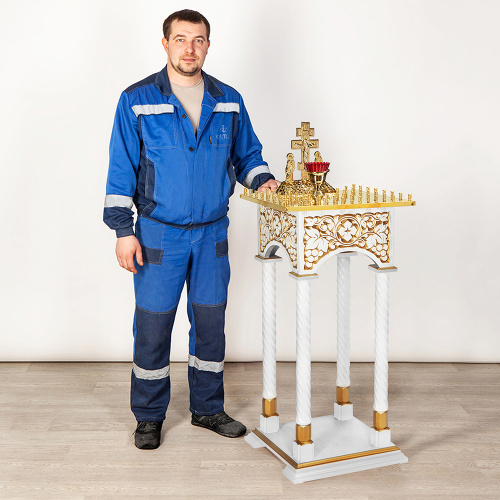 Панихидный стол на 36-50 свечей "Суздальский" белый с золотом (патина), колонны, резьба, высота 100 см фото 10