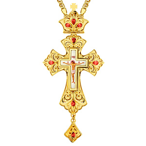 Крест наперсный из ювелирного сплава в позолоте с фианитами, 7х14 см (без цепи, красные фианиты)