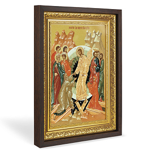Икона Воскресения Христова, в широком багете, цвет "темный дуб", на холсте, с золочением (33,5х42,2 см (под икону А4))