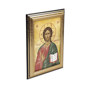 Икона Спасителя Господь Вседержитель в пластиковой рамке, черная с золотом, 13х1,5 х18 см (стекло, картон)