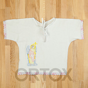 Рубашка для крещения белая, фланель, вышивка, размер 62-74 (розовое кружево)