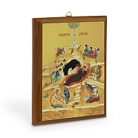 Икона Рождества Христова на деревянной основе, цвет "кипарис", на холсте с золочением