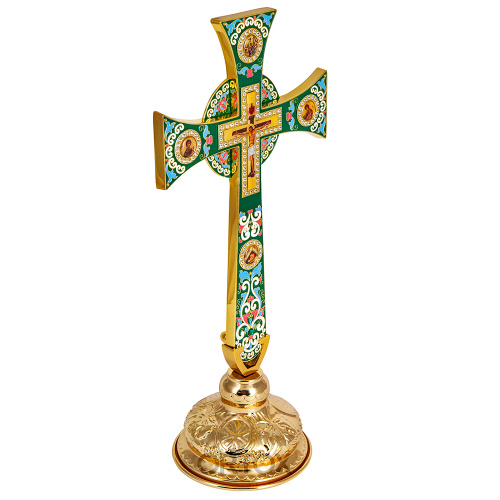Крест требный четырехконечный, зеленая эмаль, камни, 17х29 см фото 5