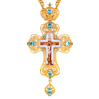 Крест наперсный из ювелирного сплава в позолоте с цепью, фианиты, 7,5х15 см