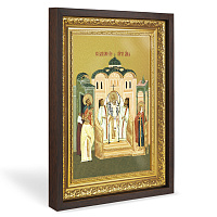 Икона Воздвижения Креста Господня, в широком багете, цвет "темный дуб", на холсте, с золочением
