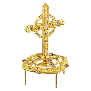 Крест на митру №9, из ювелирного сплава в позолоте с камнями (5,5х9 см)