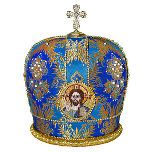 Митра голубая из парчи с крестом и вышитыми иконами, камни (размер 59)
