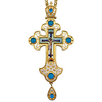 Крест наперсный из ювелирного сплава в позолоте и серебрении с цепью, фианиты, 7,5х16 см