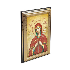 Икона Божией Матери "Семистрельная" (Умягчение злых сердец) в пластиковой рамке, черная с золотом, 13х1,5 х18 см (стекло, картон)