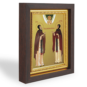 Икона благоверных князей Петра и Февронии Муромских, в узком багете, цвет "темный дуб", на холсте, с золочением (17,4х21,7 см (под икону А6))