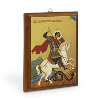 Икона Георгия Победоносца на деревянной основе, цвет "кипарис", на холсте с золочением