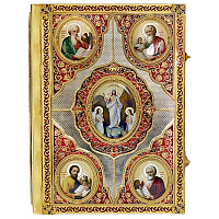 Евангелие напрестольное, оклад из ювелирного сплава в позолоте, эмаль, 36х48 см