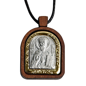 Образок деревянный с ликом святителя Николая Чудотворца из мельхиора в серебрении и золочении, 1,9х2,7 см (средний вес 3 г)