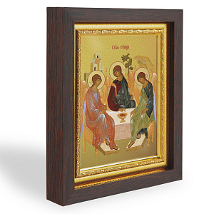 Икона Святой Троицы, в узком багете, цвет "темный дуб", на холсте, с золочением (14,3х17,4 см (под икону А7))
