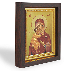 Икона Божией Матери "Феодоровская", в узком багете, цвет "темный дуб", на холсте, с золочением (14,3х17,4 см (под икону А7))