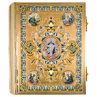 Евангелие напрестольное, оклад из ювелирного сплава в позолоте, фианиты и эмаль, 30х35 см