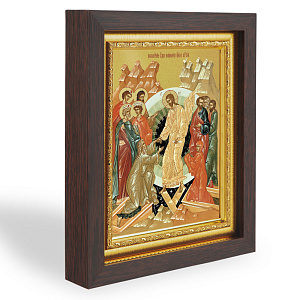 Икона Воскресения Христова, в узком багете, цвет "темный дуб", на холсте, с золочением (21,7х27,9 см (под икону А5))