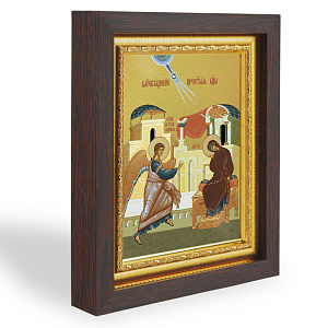 Икона Благовещения Пресвятой Богородицы, в узком багете, цвет "темный дуб", на холсте, с золочением (17,4х21,7 см (под икону А6))