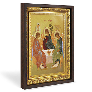 Икона Святой Троицы, в широком багете, цвет "темный дуб", на холсте, с золочением (33,5х42,2 см (под икону А4))