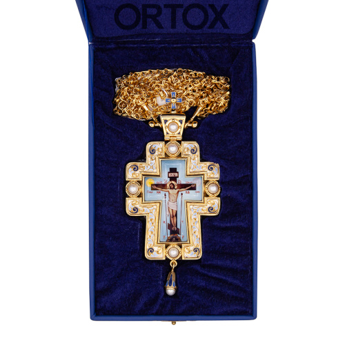 Крест наперсный латунный в позолоте с цепью, эмаль, 6,9х15 см фото 6