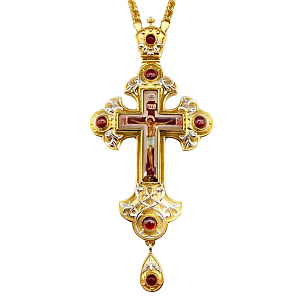 Крест наперсный из ювелирного сплава в позолоте и серебрении, с цепью, фианиты, 7,5х16 см (красные фианиты)