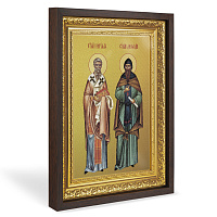 Икона равноапостольных Кирилла и Мефодия, в широком багете, цвет "темный дуб", на холсте, с золочением