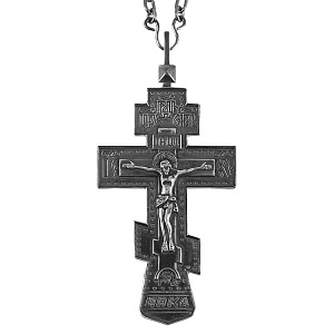 Крест наперсный латунный в серебрении, родирование, с цепью, 6х12 см (гравировка)