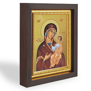 Икона Божией Матери "Иверская", в узком багете, цвет "темный дуб", на холсте, с золочением (17,4х21,7 см (под икону А6))