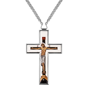 Крест наперсный из ювелирного сплава в серебрении с цепью, деколь, 7х11 см (средний вес 124 г)